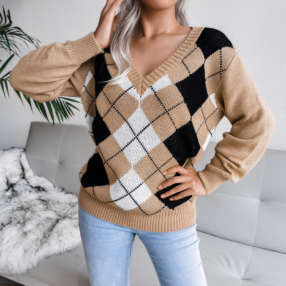 Charming Women's Comfortable College Rhombus Casual Sweaters