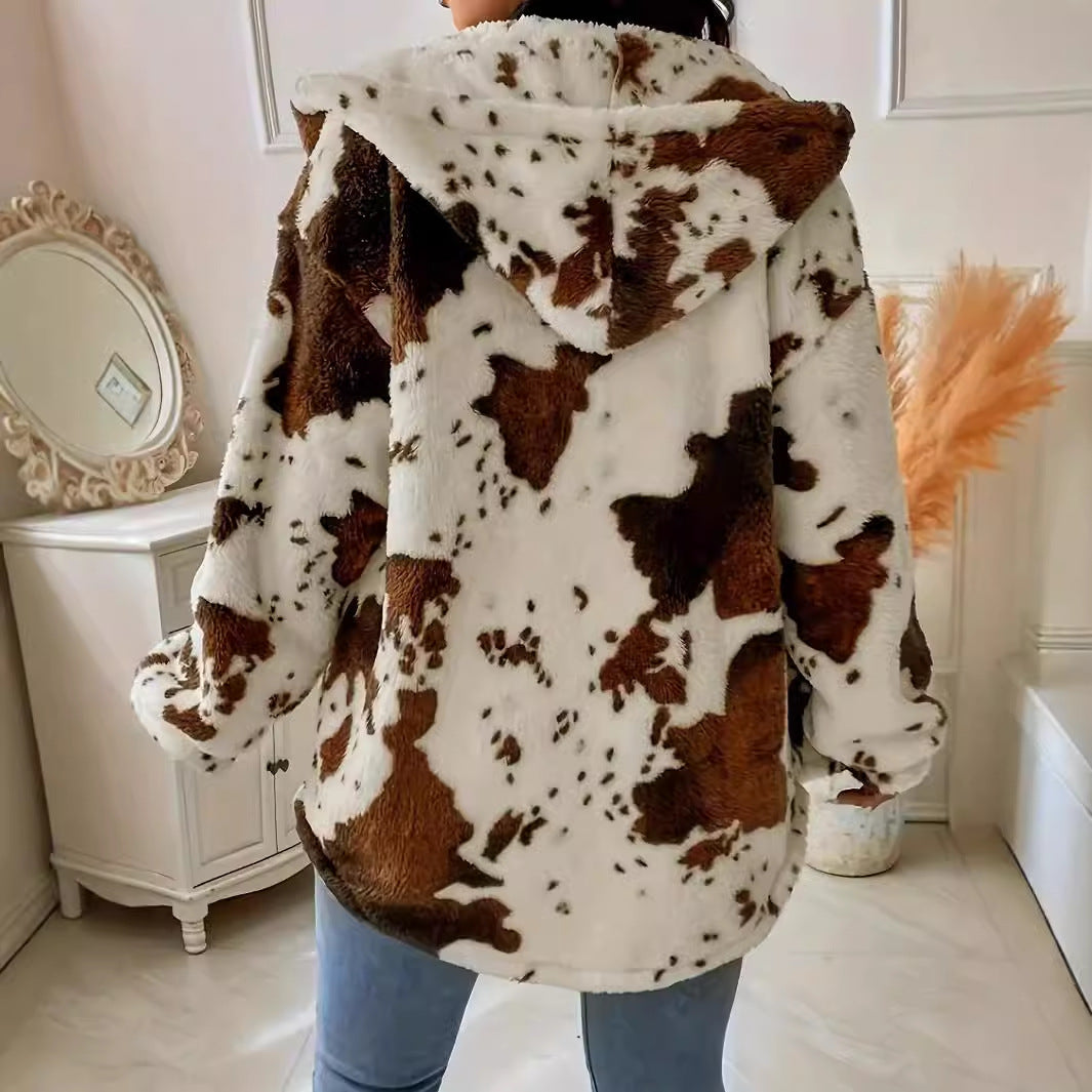 Women's Casual Fashion Plush Cow Print Zipper Sweaters