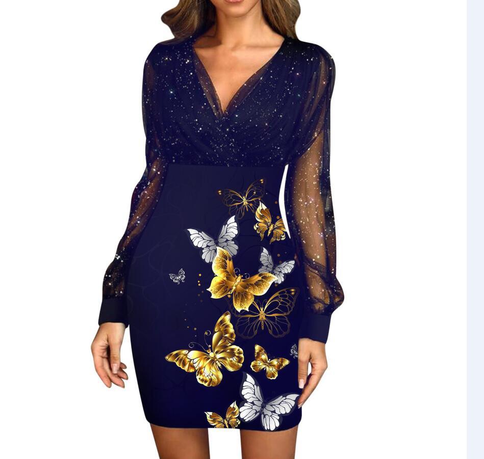 V-neck Sequined Slim Fit Sexy Print Dresses