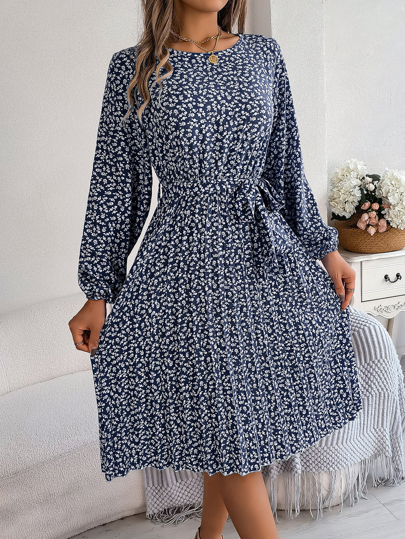 Women's Casual Long-sleeved Floral Print Pleated Dresses