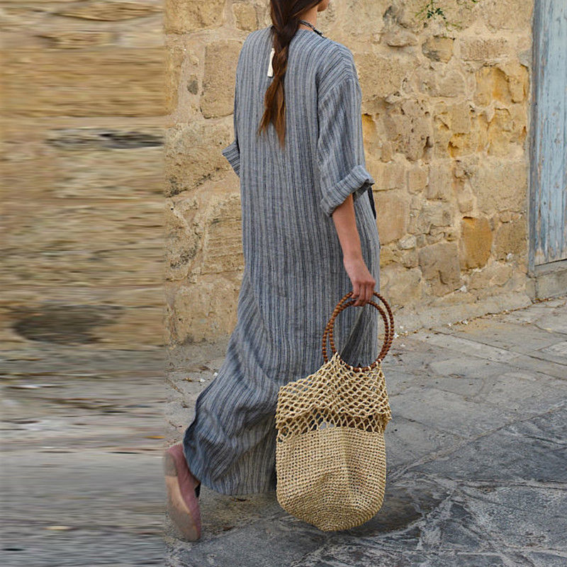 Cotton Linen Yarn-dyed Striped Loose Length Dresses