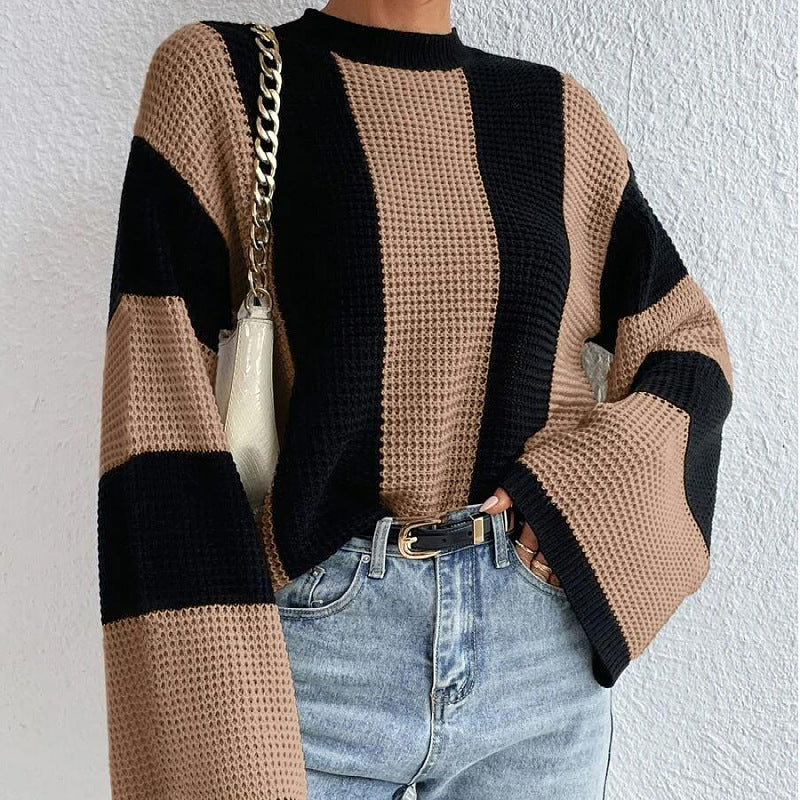 Women's Style Knitted Round Neck Striped Design Sweaters