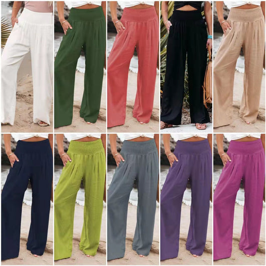 Pantalon large à taille élastique en lin pour femme