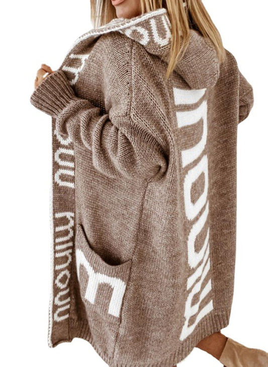 Versatile Women's Mid-length Hooded Letter Knitted Sweaters