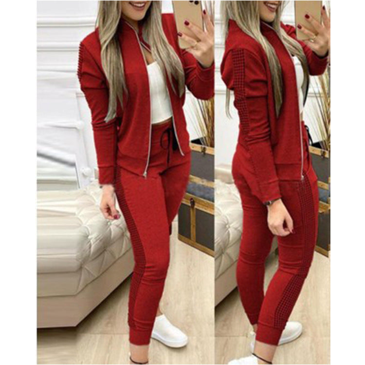 Women's Long Sports Zipper Stitching Plaid Suits