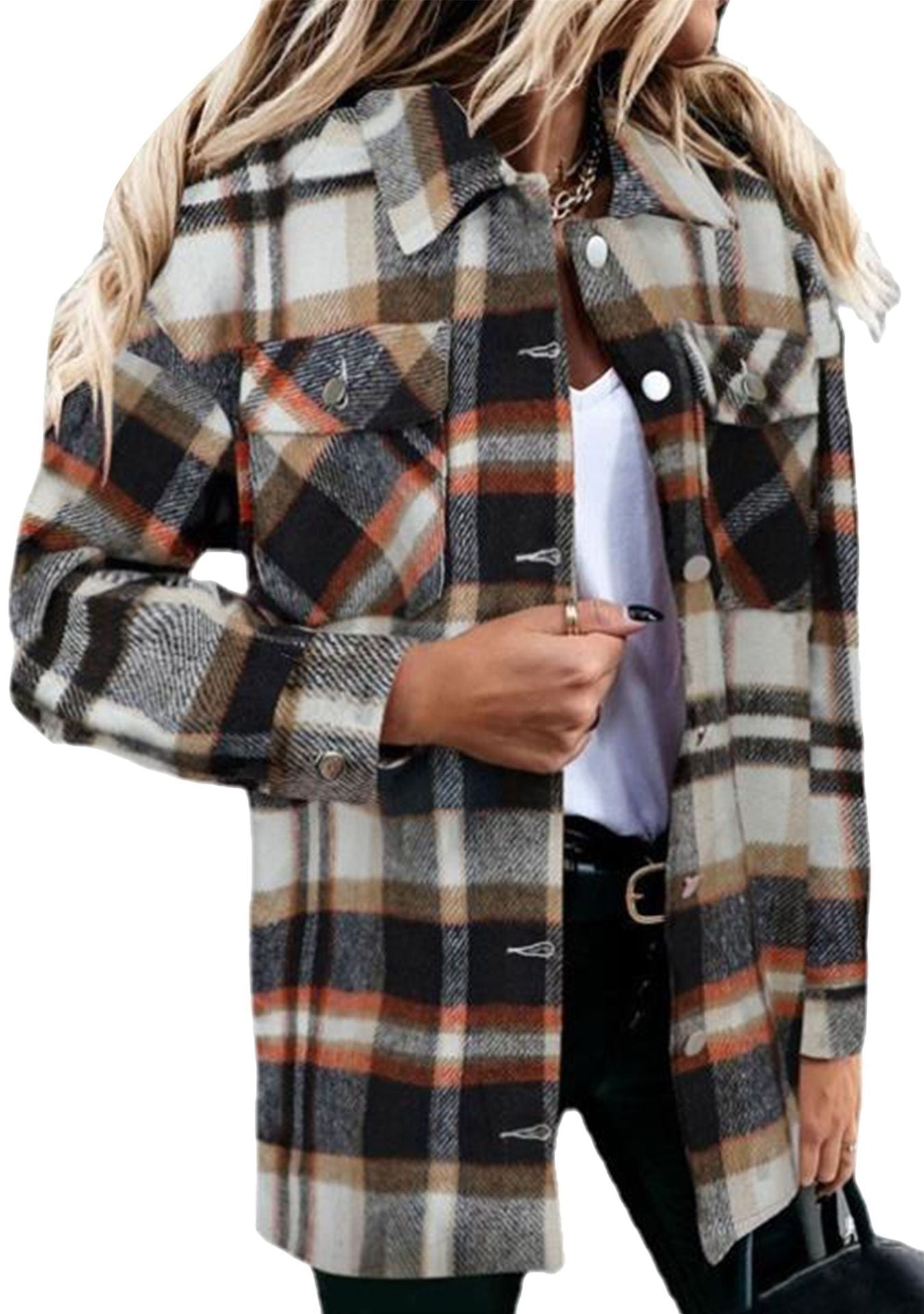 Women's Long Sleeve Large Pocket Loose Plaid Blouses