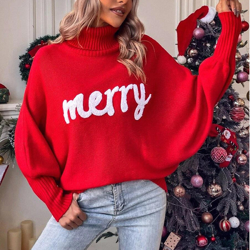 Women's Christmas Turtleneck Loose Batwing Sleeve Outer Sweaters