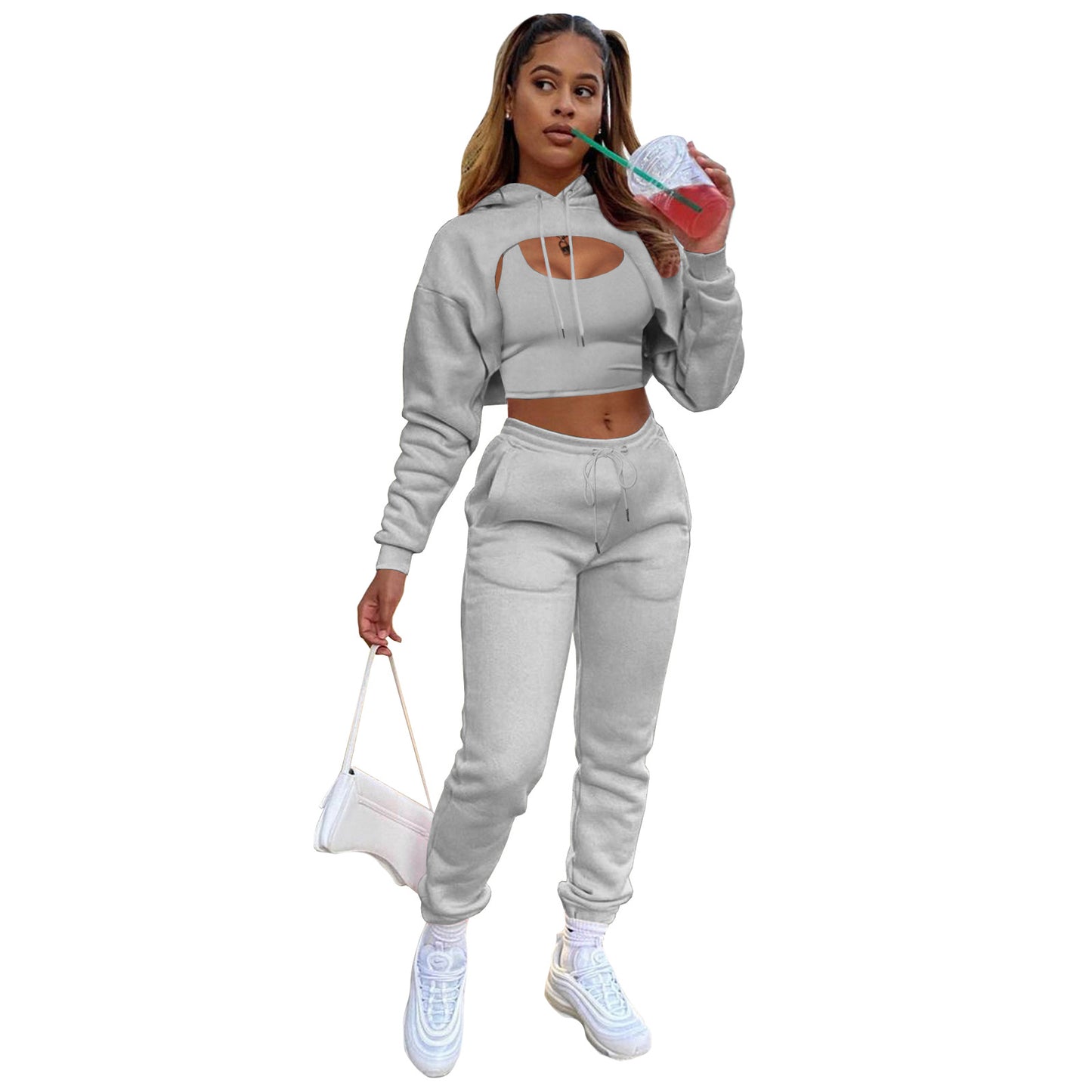 Women's Fashion Drawstring Hoodie Cotton Jogger Three-piece Suits