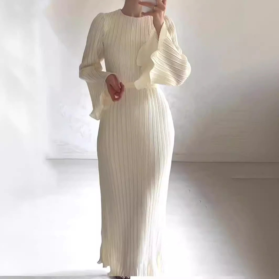 Women's Autumn Dress Elegant Pleated Bell Sleeve Dresses