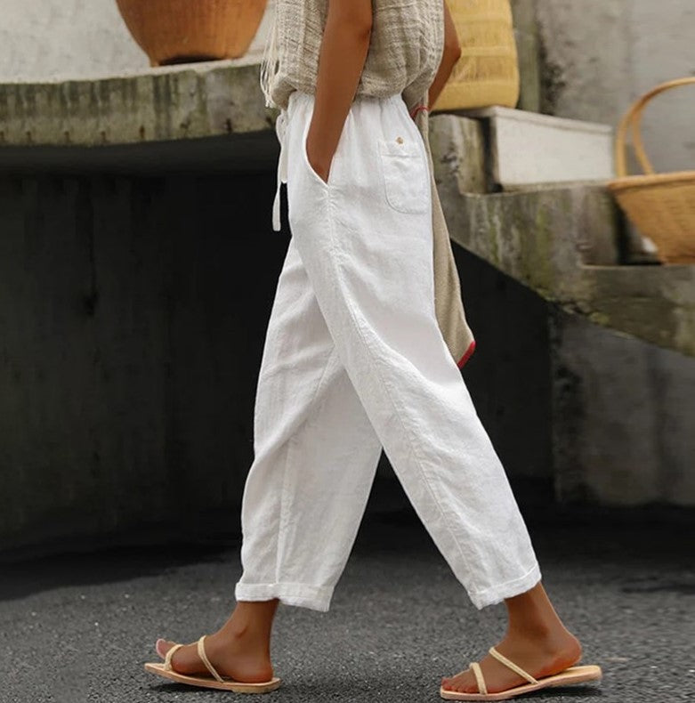 Autumn Cotton Linen Solid Color Pocket Drawstring Pants