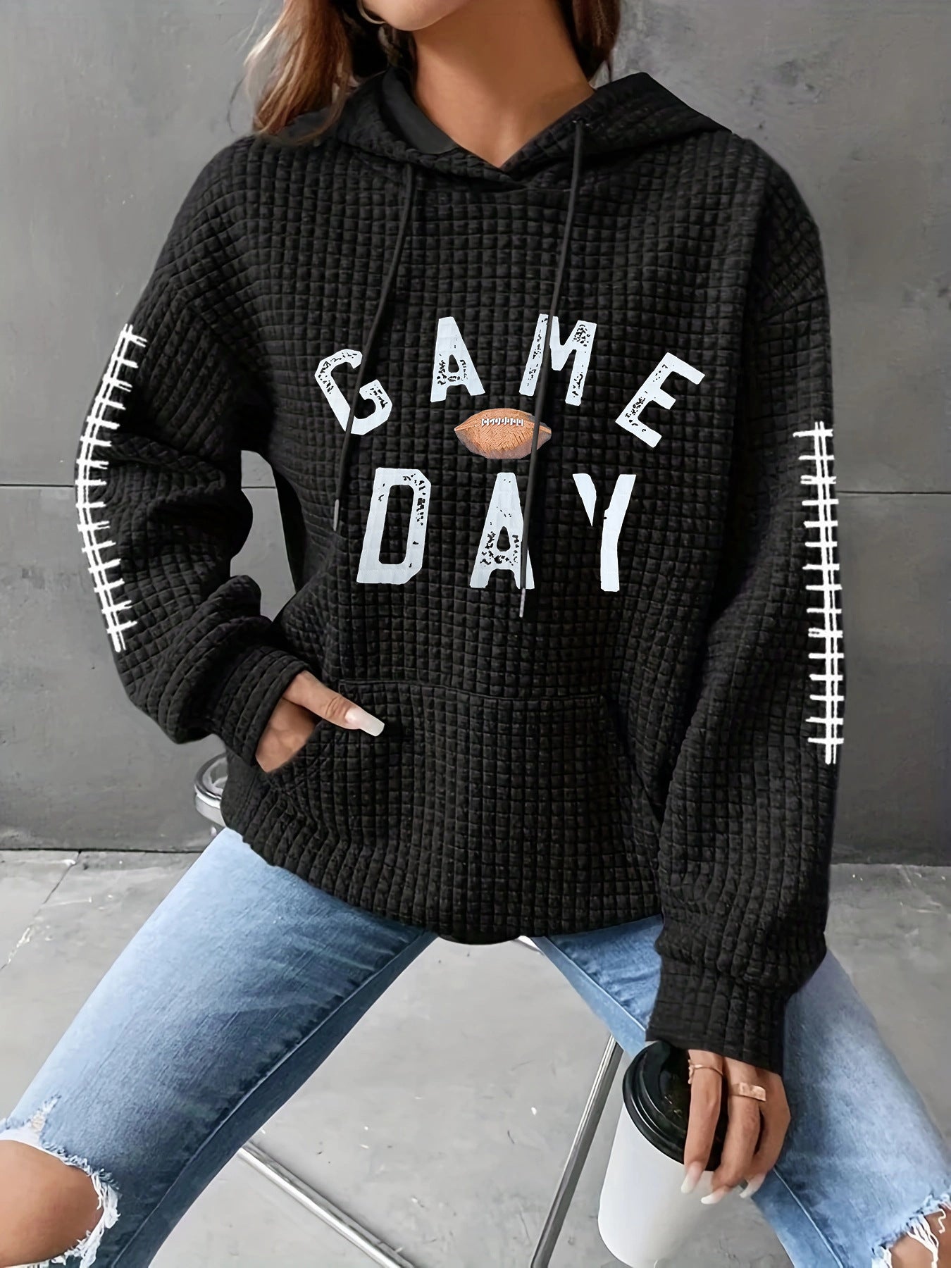 Women's Waffle Match Day Letter Print Round Sweaters