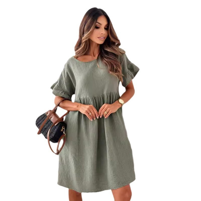 Women's Summer Round Neck Sleeve Loose Pleated Solid Dresses