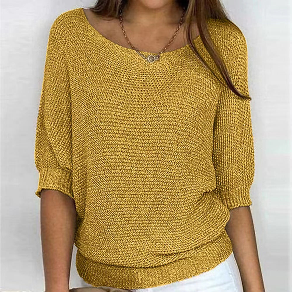 Women's Spring Solid Color Round Neck Commuter Elegant Cropped Sleeves Sweaters