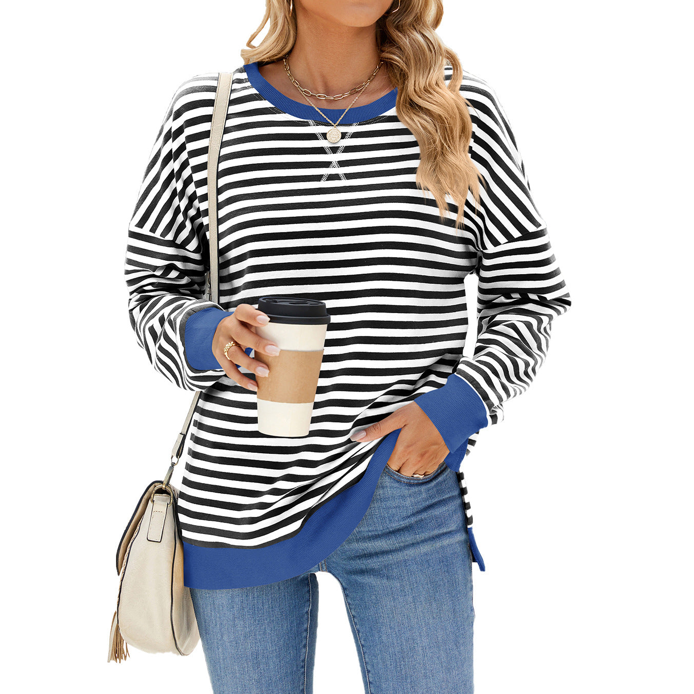 Women's Contrast Color Round Neck Split Long Sweaters