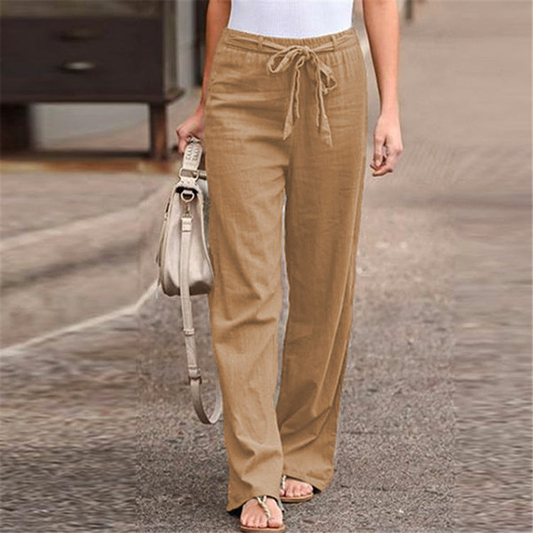 Women's Summer Elastic Waist Solid Color Cotton Linen Wide Pants