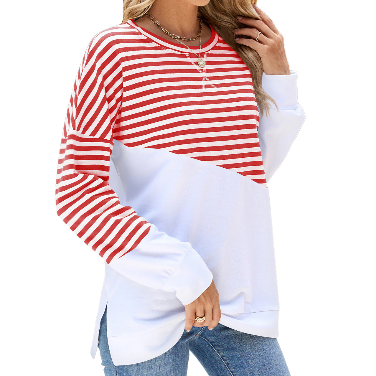 Women's Solid Color Round Neck Contrast Striped Sweaters