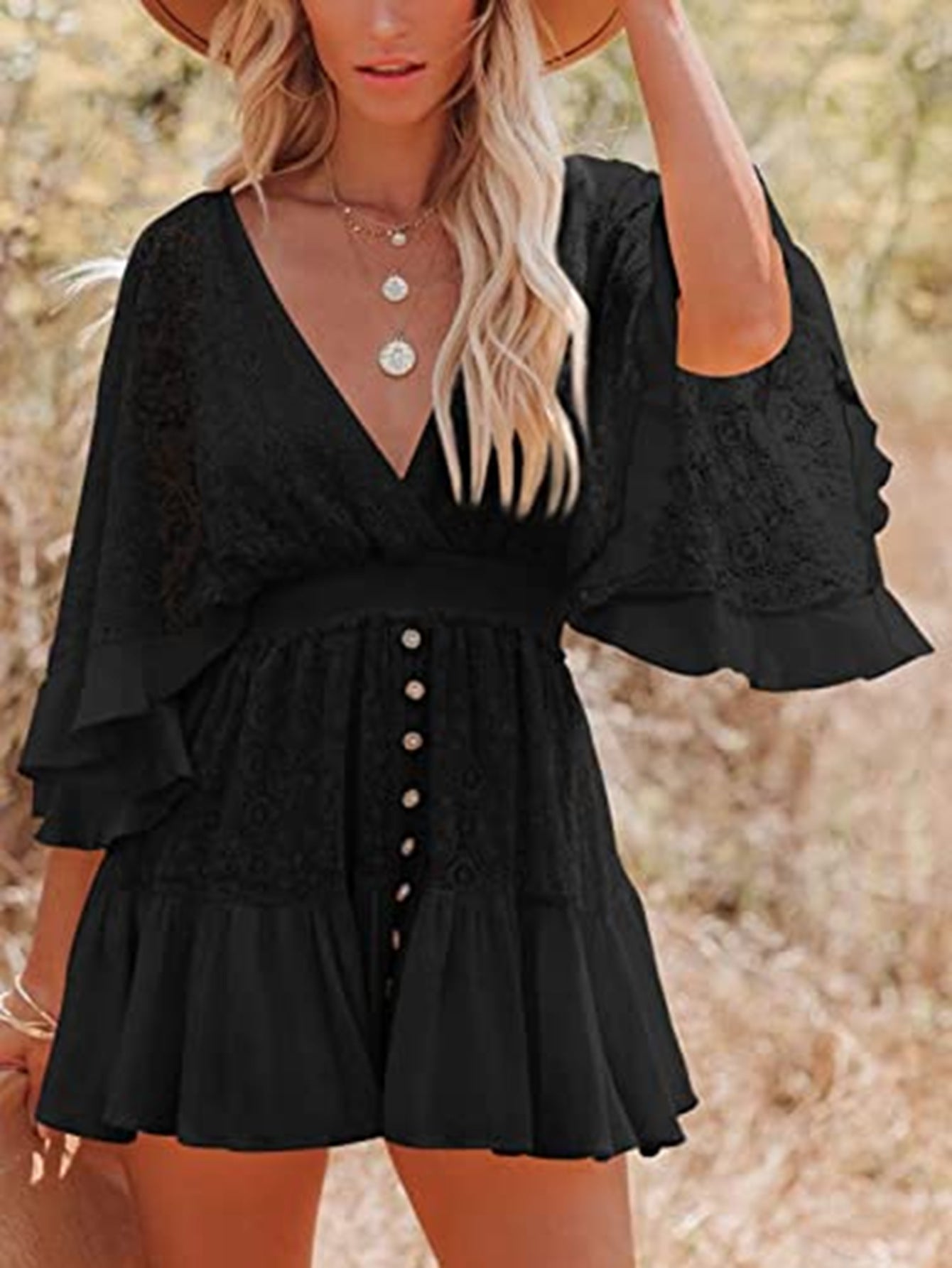 Lace Stitching Solid Color And Batwing Dresses