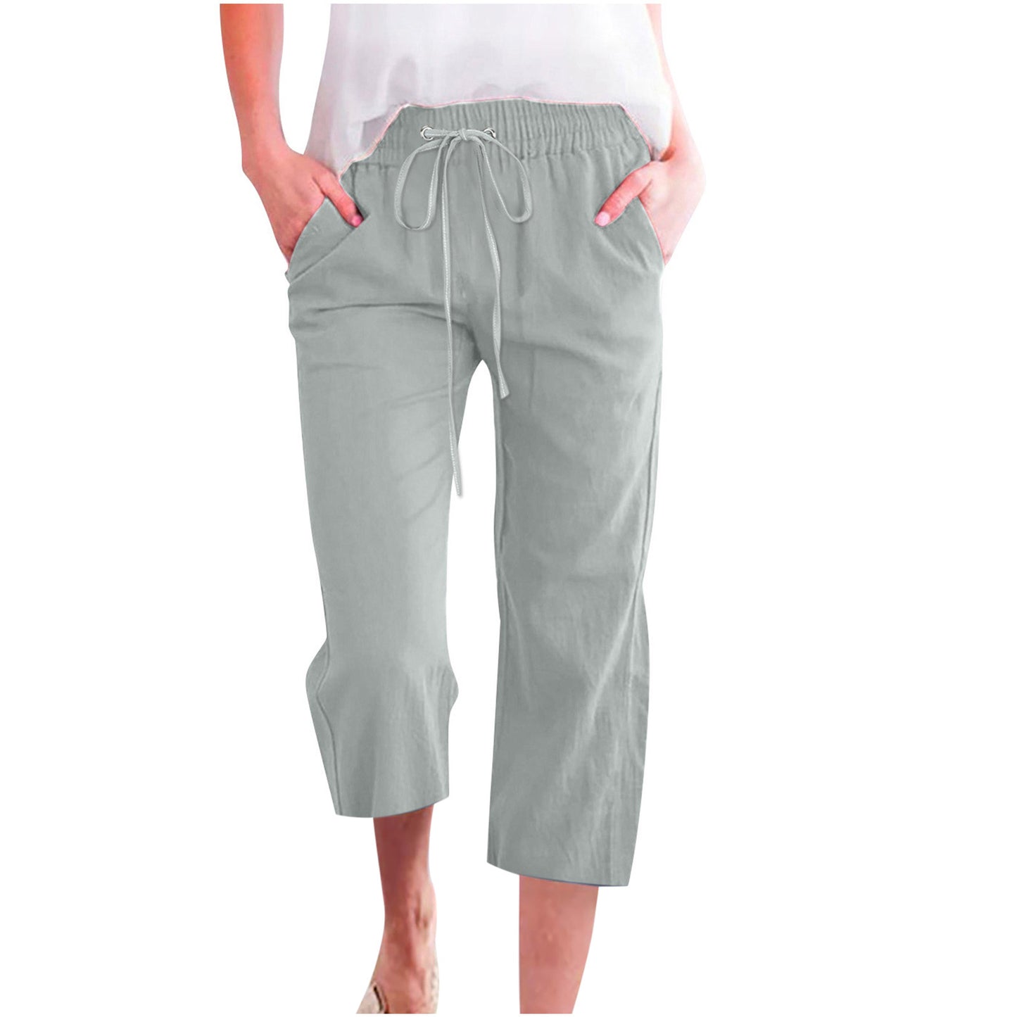 Pantalon décontracté ample en coton et lin pour femme avec poches droites