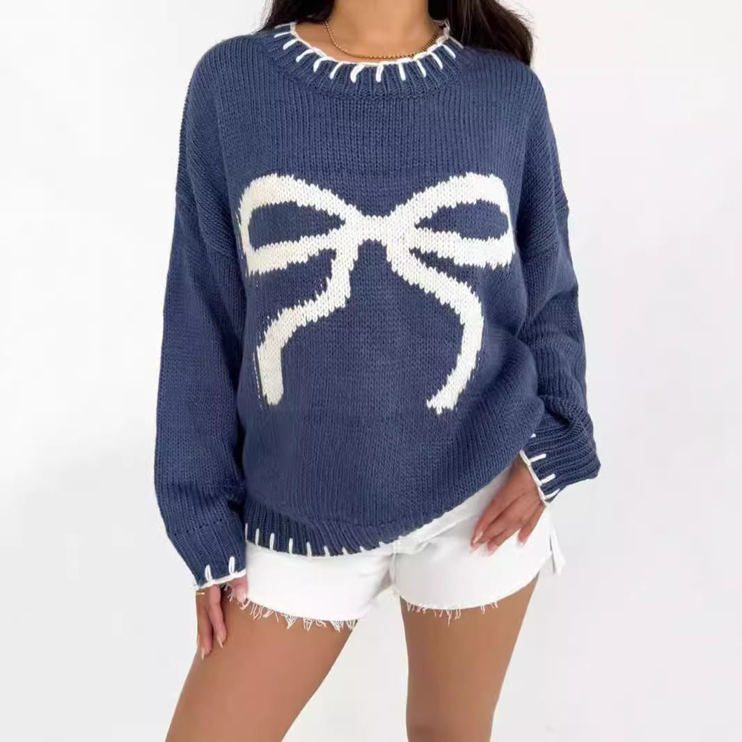 Women's Bow Brocade Idle Style Loose Warm Knitwear