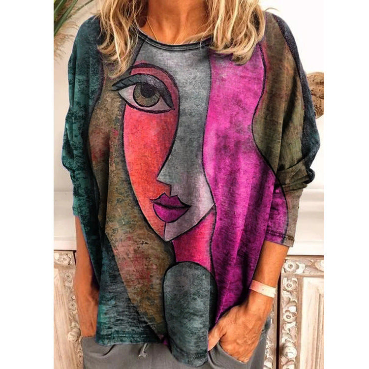 Women's Large Print Long Sleeve Loose T-shirt Blouses