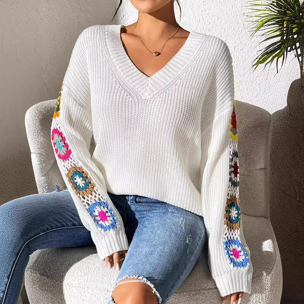 Women's Mixed Color Hand Hook Flower Stitching Sweaters