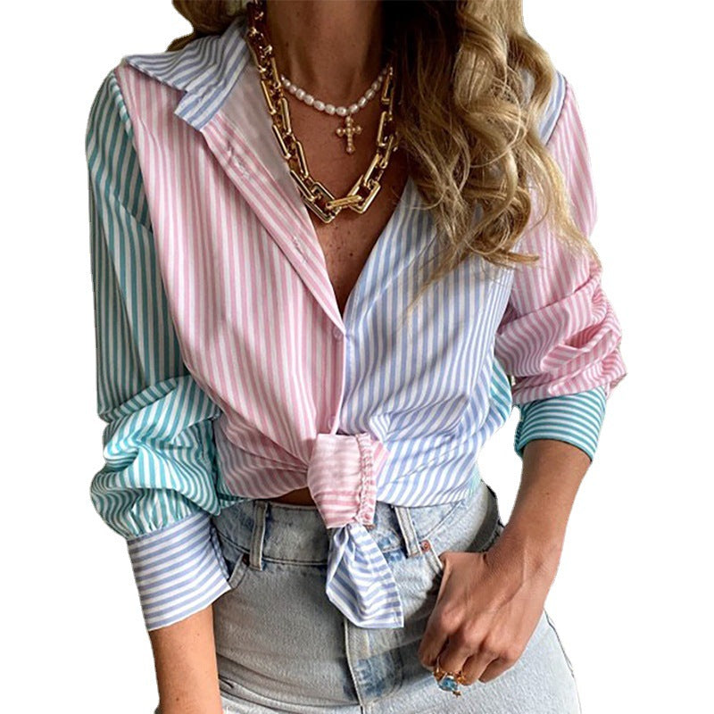 Women's Striped Printed Single-breasted Long Sleeve Shirt Blouses