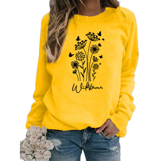 Women's Wild Grass Butterfly Printed Crew Neck Sweaters