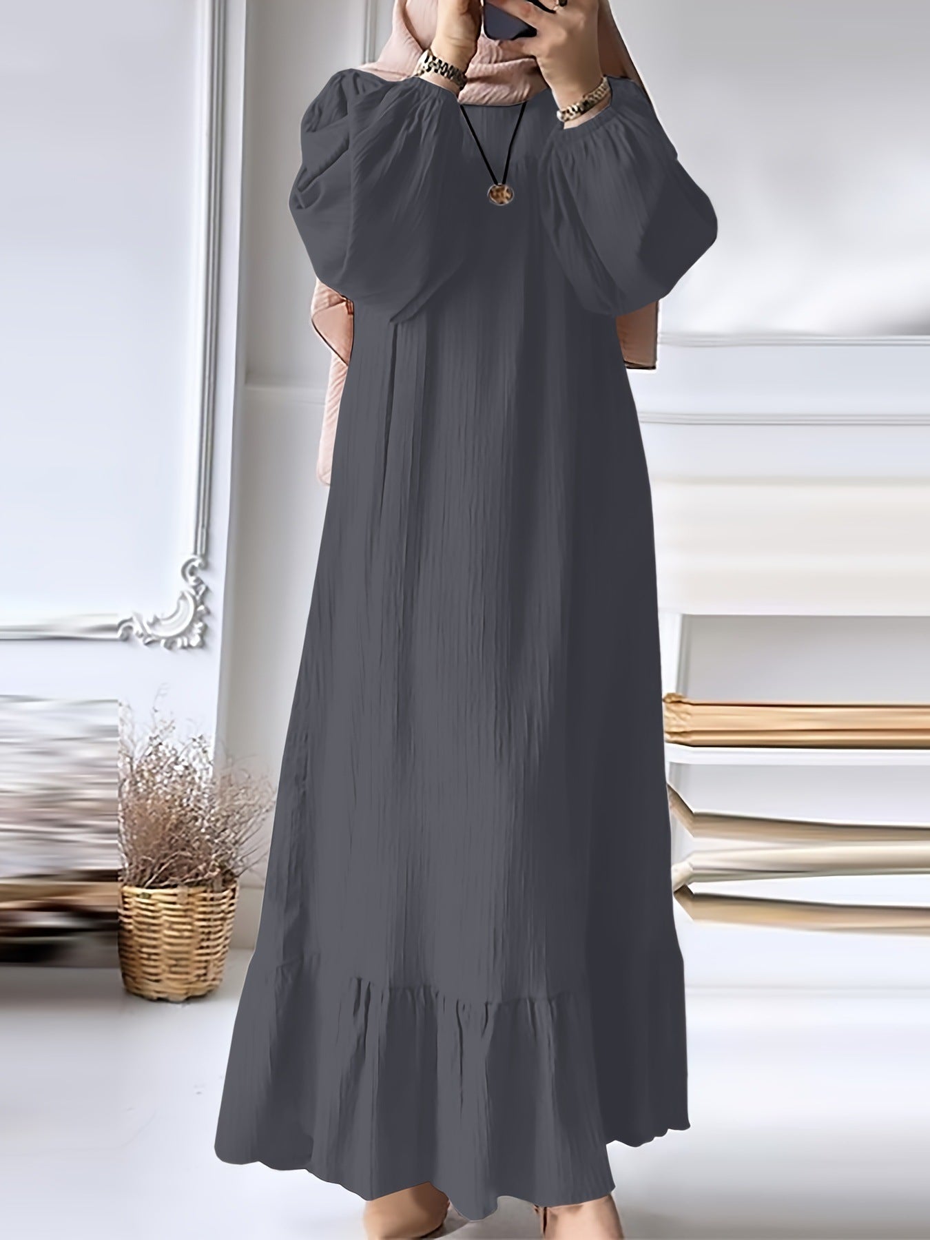 Women's Wear Robe Fashion Puff Sleeve Vintage Pocket Hem Dresses