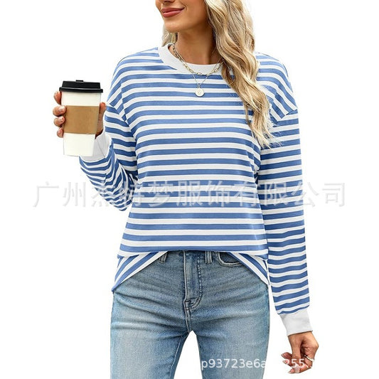 Women's Fashion Color Contrast Loose Round Neck Tops