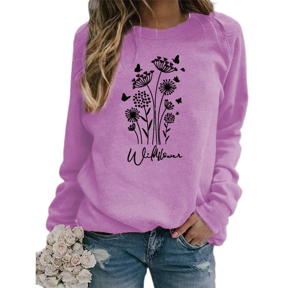 Women's Wild Grass Butterfly Printed Crew Neck Sweaters