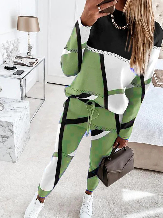 Women's Printing Color Contrast Long Sleeve Crew Suits