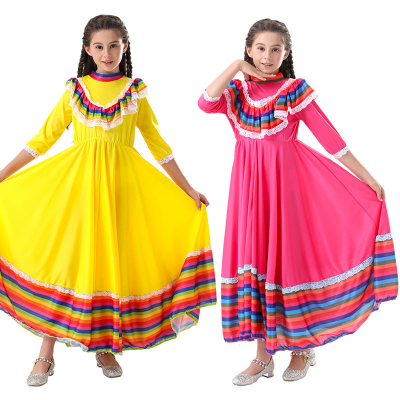 Costumes de danse ethnique mexicaine pour enfants avec robe trapèze de grande taille