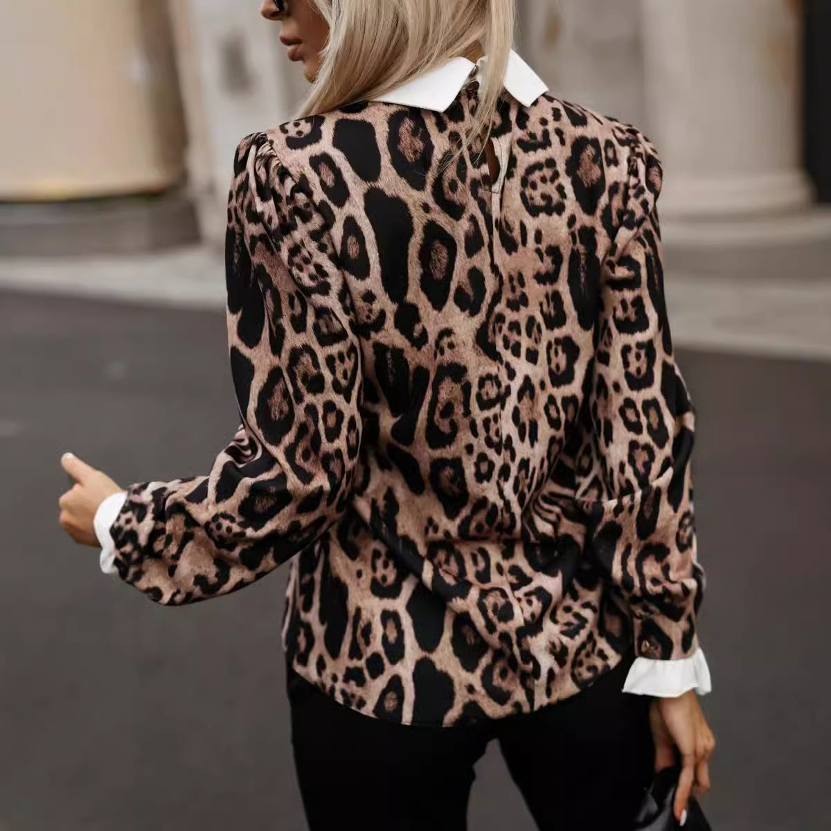 Women's Fashion Fake Two Pieces Leopard Print Long-sleeved Blouses