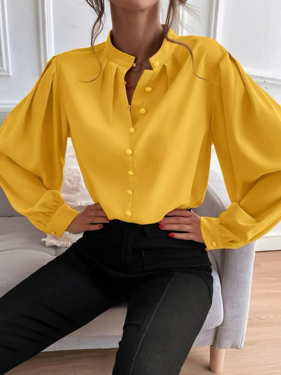 Women's Color Lapel Long Sleeve Single Row Blouses