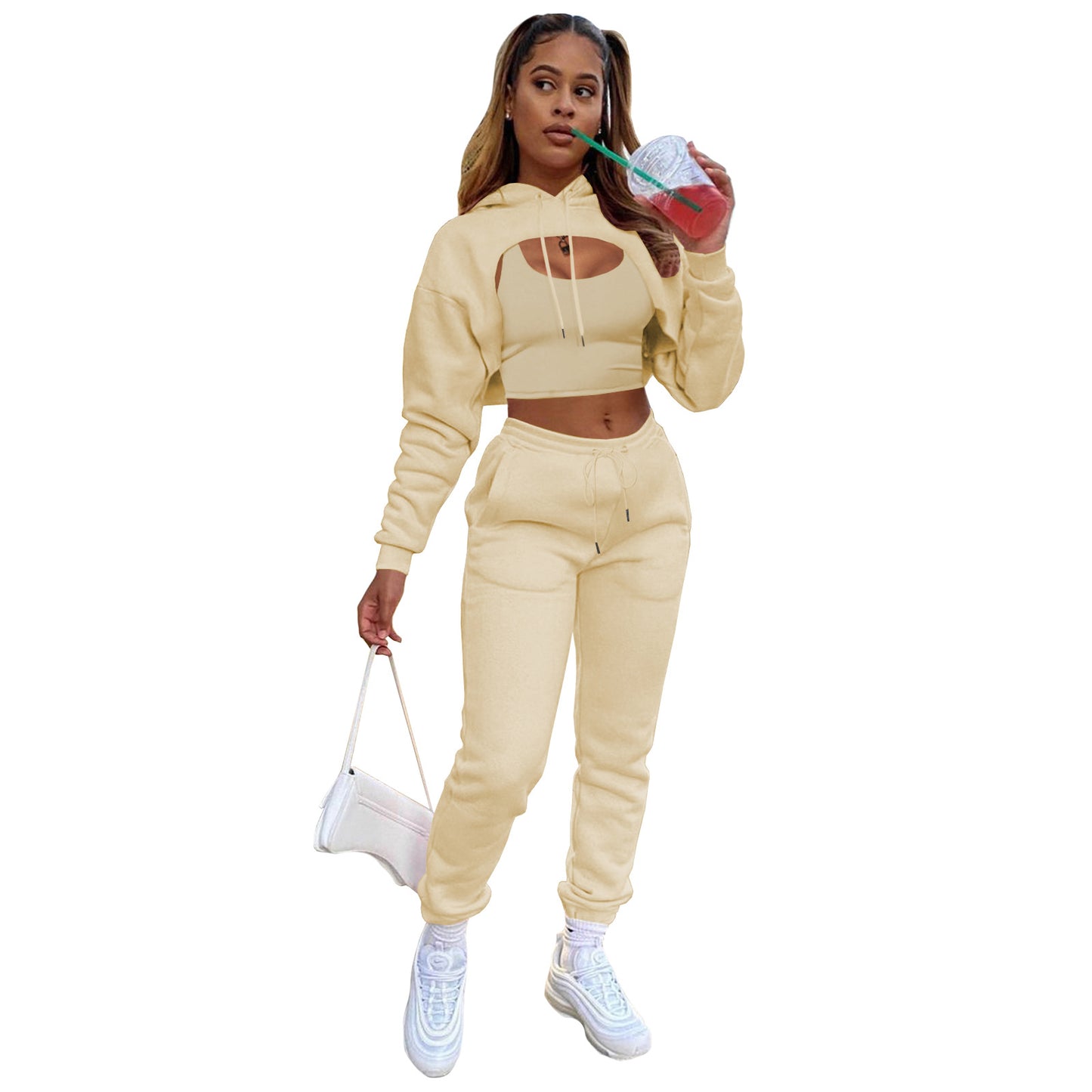 Women's Fashion Drawstring Hoodie Cotton Jogger Three-piece Suits