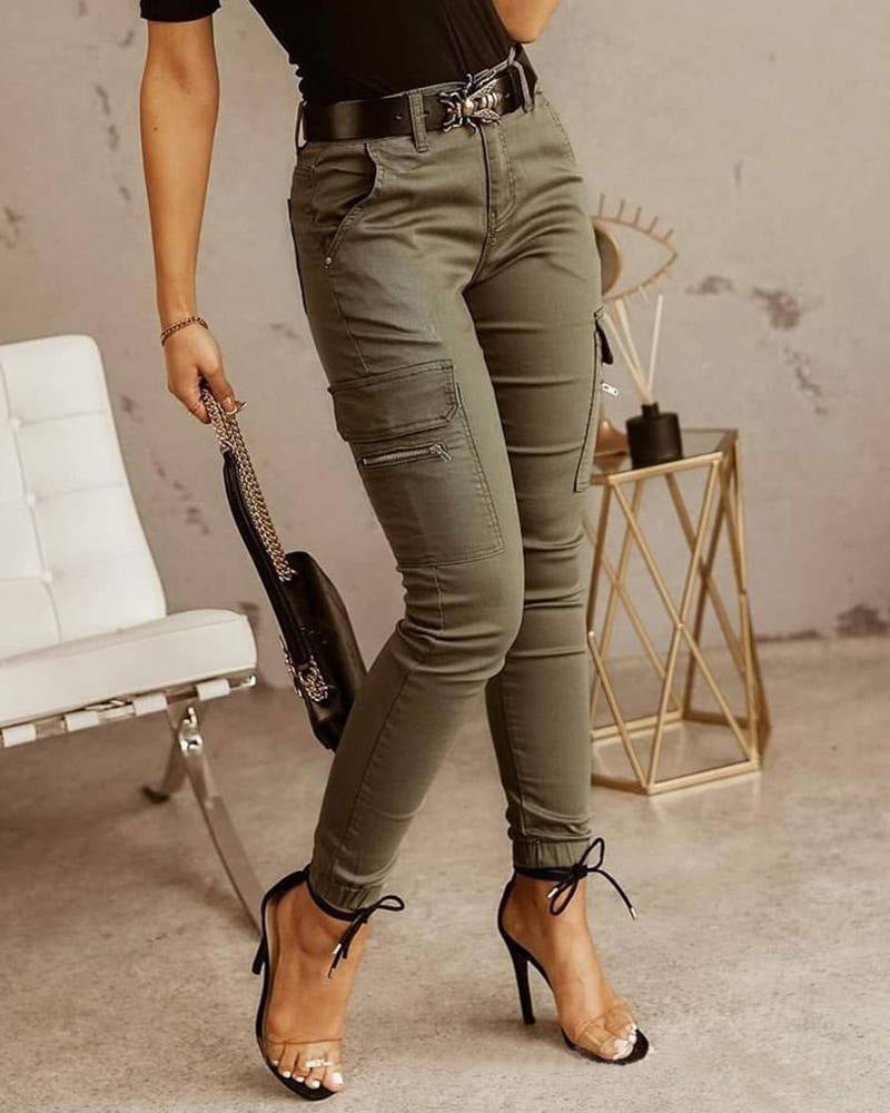 Pantalon taille basse à poches boutonnées de couleur unie pour femme