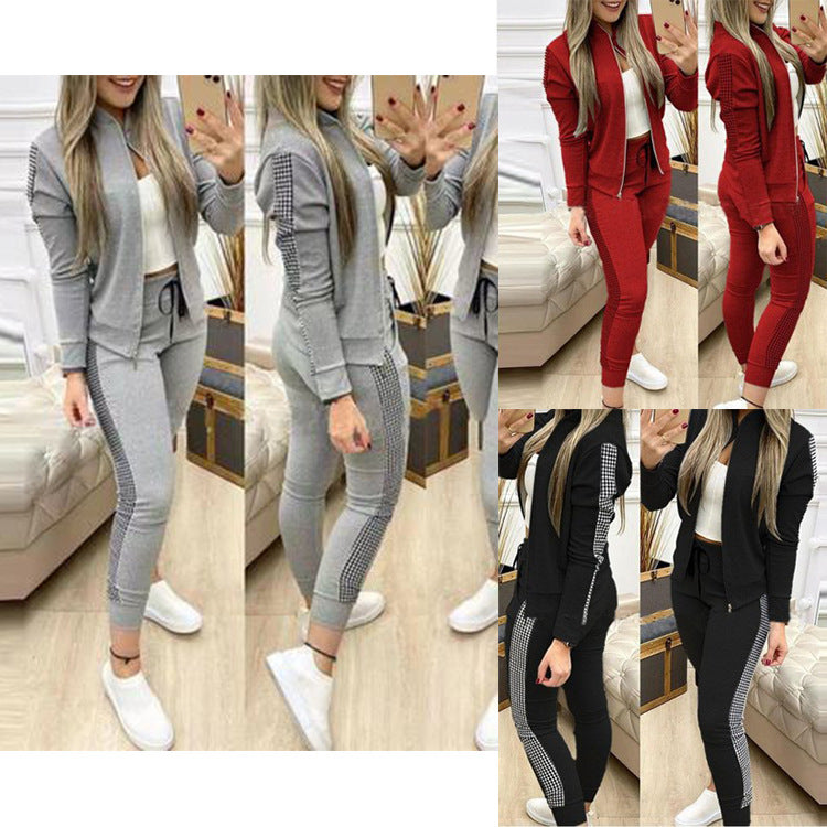 Women's Long Sports Zipper Stitching Plaid Suits