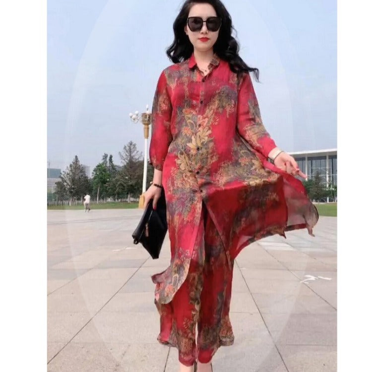 Silk Two-piece Set Fashion Loose Slimming Printed Suits