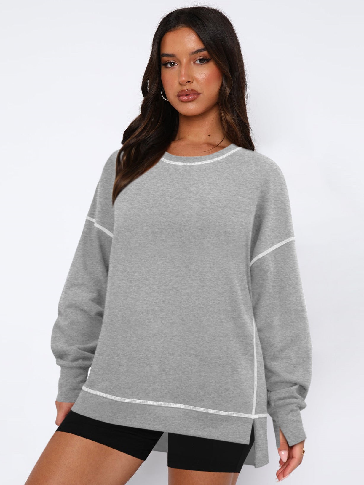 Women's Contrast Color Loose Pullover Split Long Sleeve Crew Sweaters