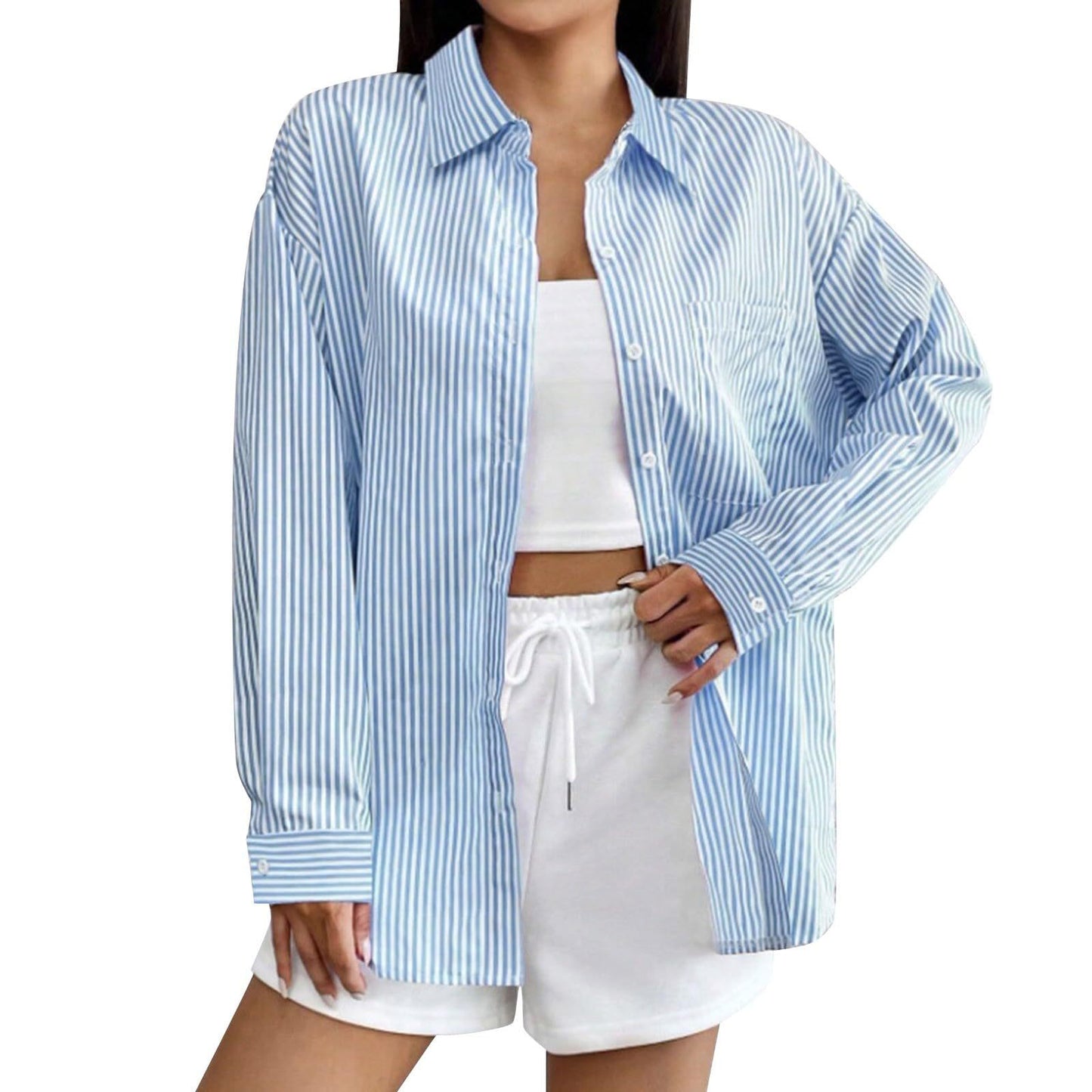 Women's With Pocket Loose Striped Classic Long Blouses