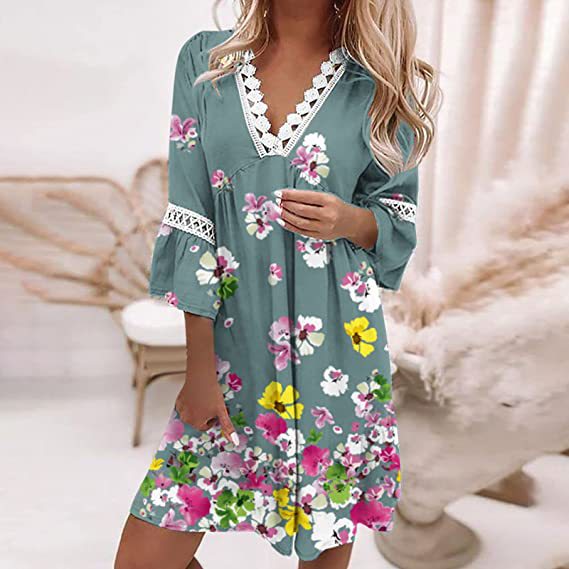 Spring V-neck Printed Lace Stitching Bohemian Casual Dresses