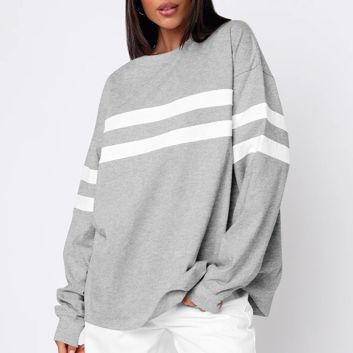 Women's Loose Striped Pullover Long-sleeved Shirt Contrast Sweaters