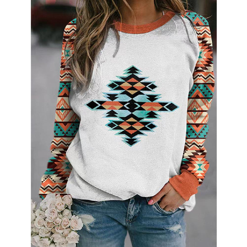 Women's Retro Printed Geometric Pattern Round Neck Long Sweaters