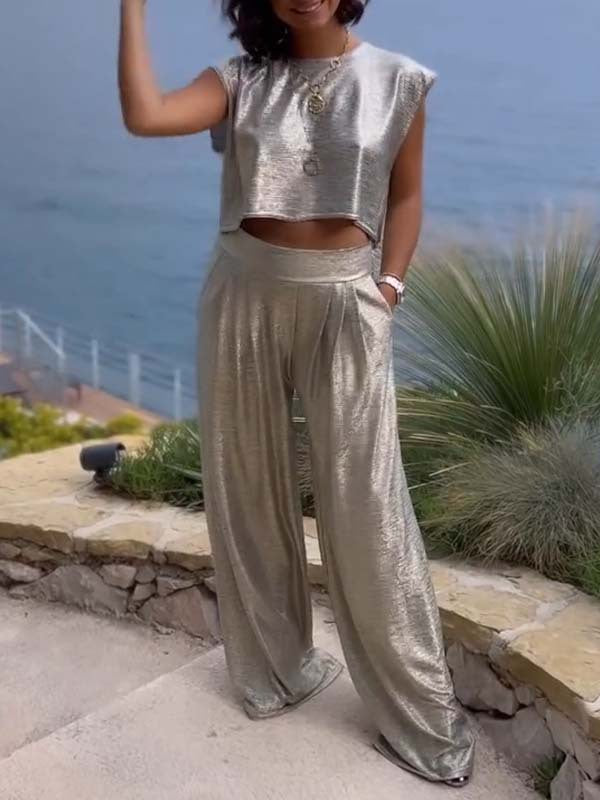 Women's Summer Casual Glossy Wide Leg Two-piece Pants