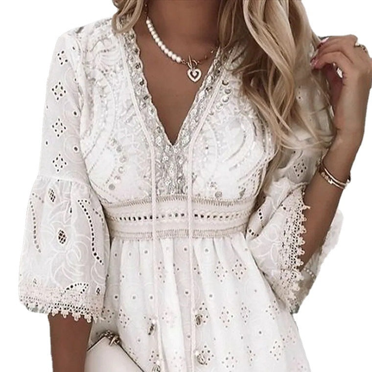 Women's White V-collar Hollow Tassel Stitching Dress Dresses