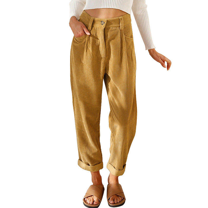 Women's Waist Casual Solid Color Corduroy Loose Pants