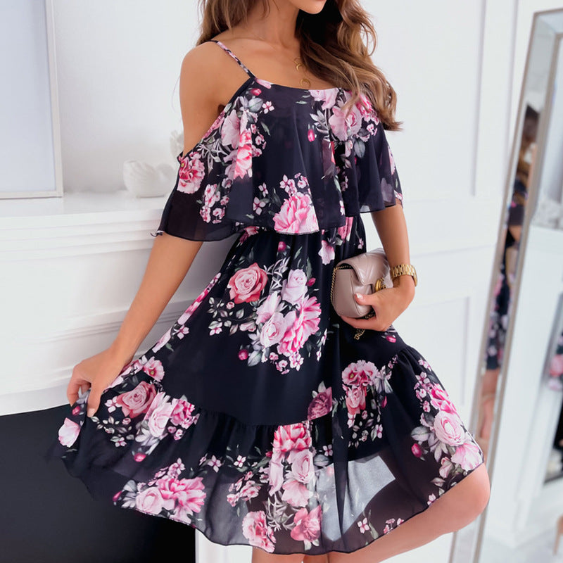 Spring Chiffon Printed Strapless Sexy Dress Dresses