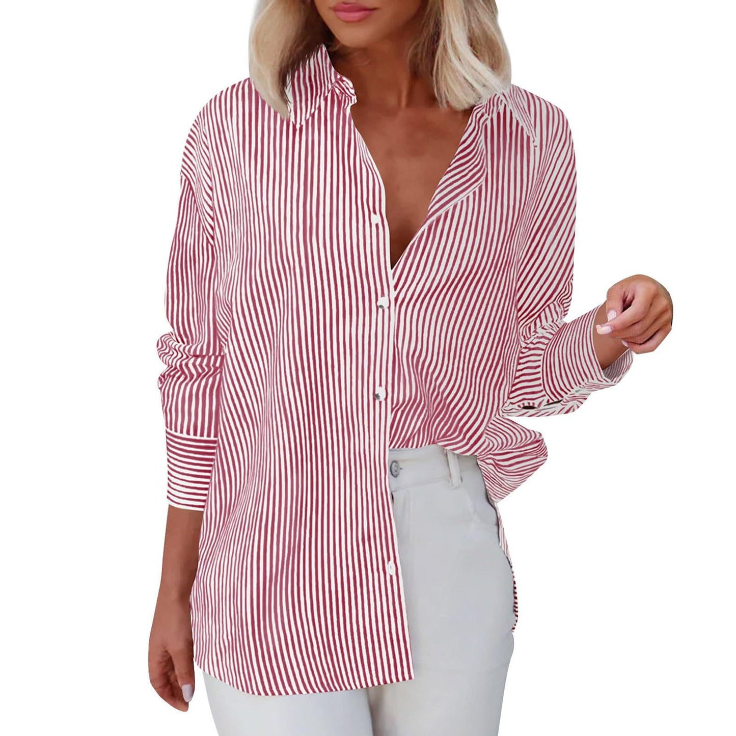 Women's With Pocket Loose Striped Classic Long Blouses