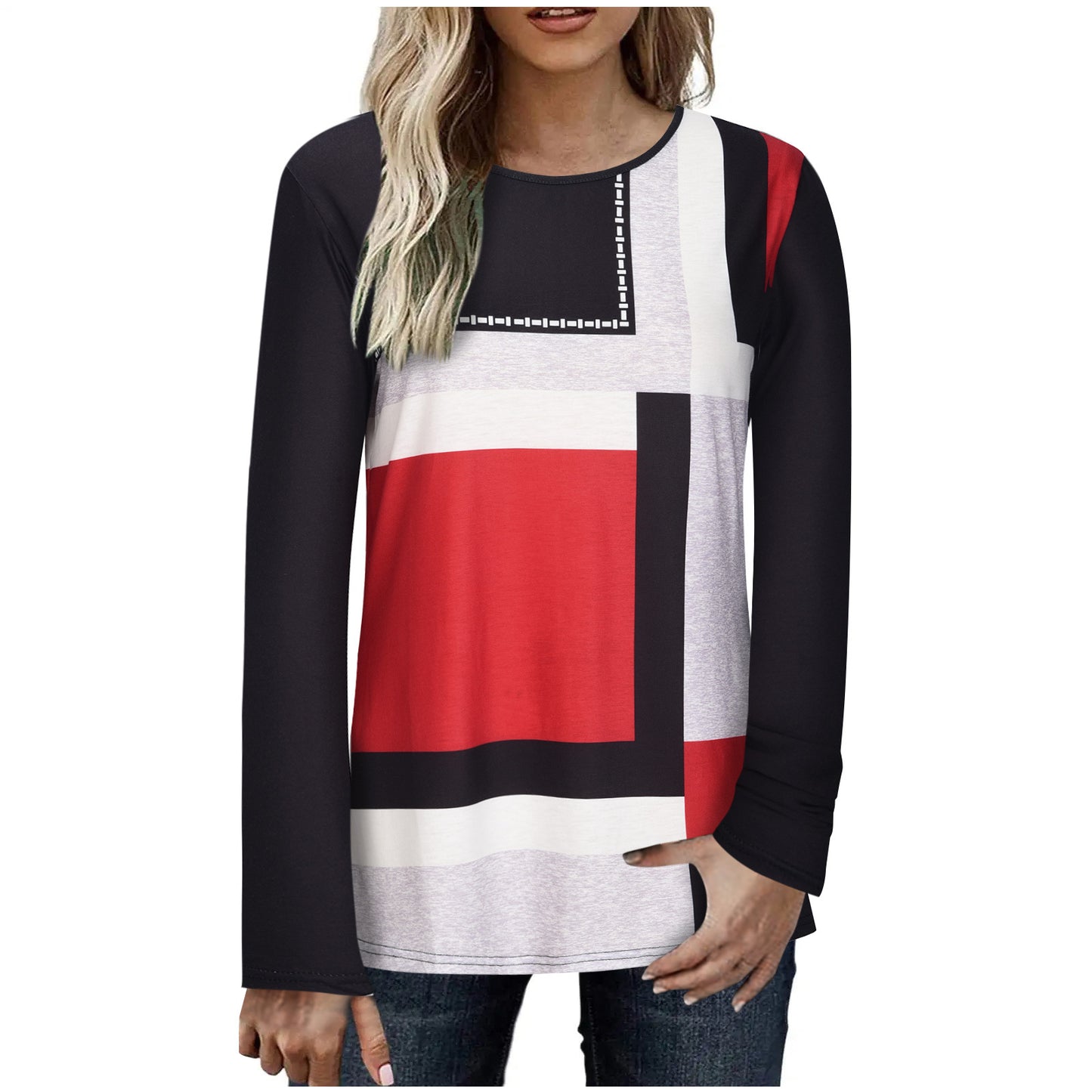 Women's Geometric Color Matching Long-sleeved T-shirt Blouses