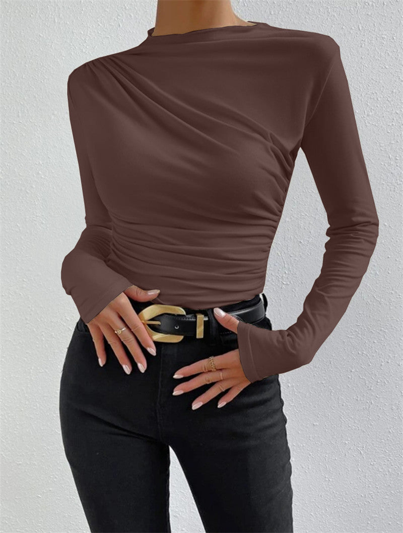 Women's Solid Color Bottoming Shirt Versatile Pleated Design Blouses